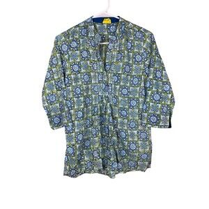 Roberta Roller Rabbit Blue Green V Neck Top Shirt Size XS Pintuck Cotton